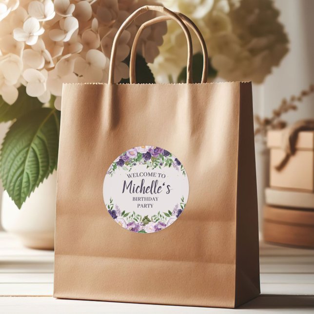 Adesivo Redondo Boas-vindas a mulheres florais (Purple peonies birthday party gift bag sticker)