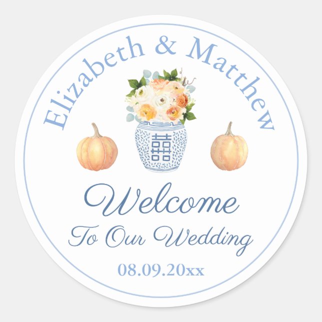 Adesivo Redondo Boas-vindas ao Casamento da Chinoiserie Blue e Whi (Frente)