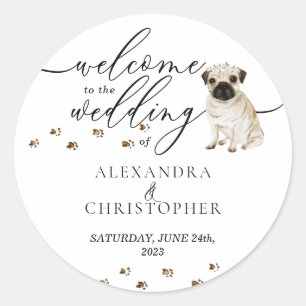 Adesivo Redondo Boas-vindas ao Casamento de Cachorro Pug