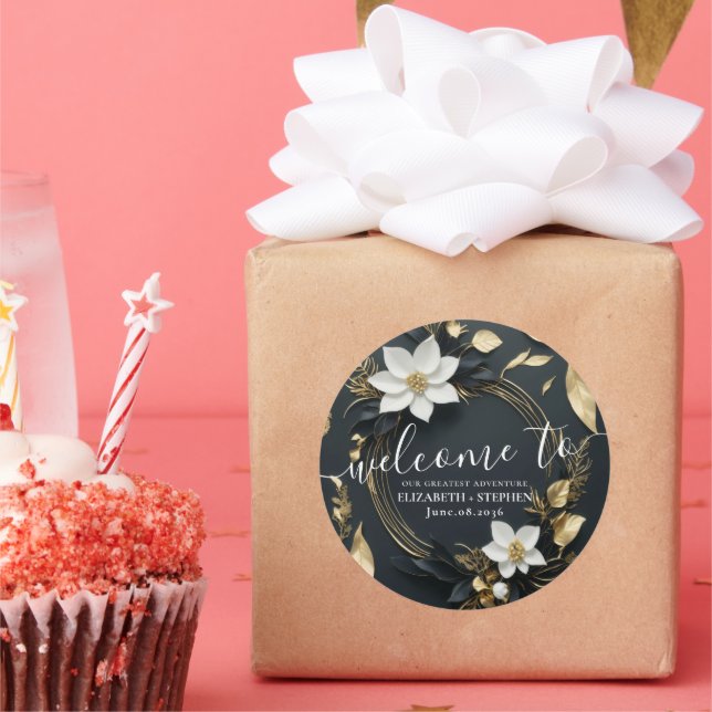 Adesivo Redondo Boas-vindas ao casamento Dourado Floral Branco Neg (Festa)