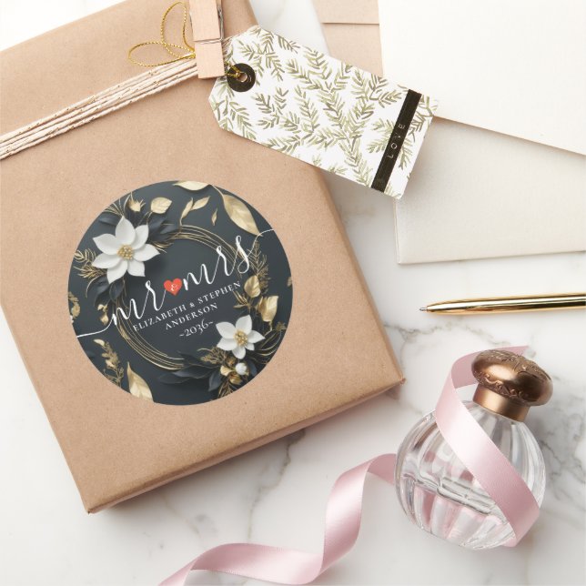 Adesivo Redondo Boas-vindas ao casamento Dourado Floral Branco Neg (Presentear)
