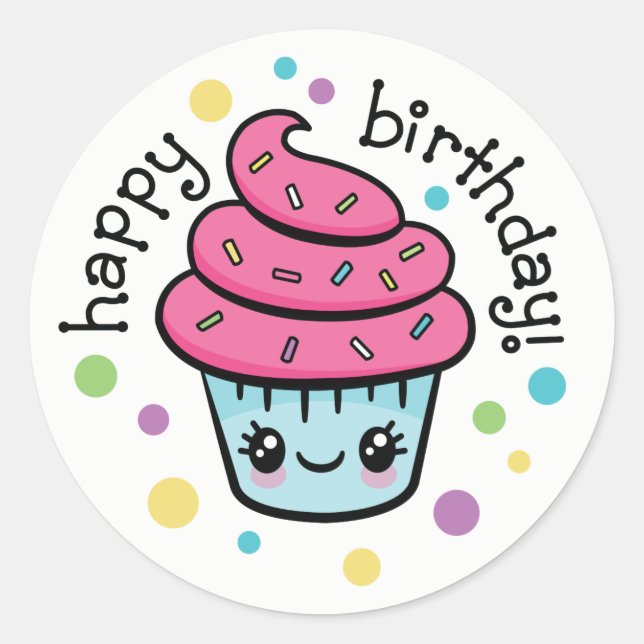 Adesivo Redondo Boas vinhetas de Cupcake de aniversário (Frente)