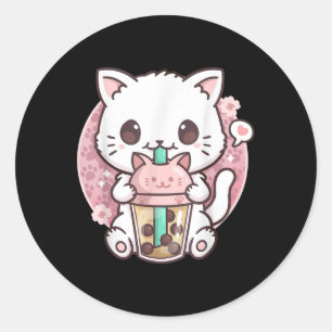 Adesivo Redondo Boba Cat Boba Tea Bubble Tea Kawaii Anime Cat Kawa