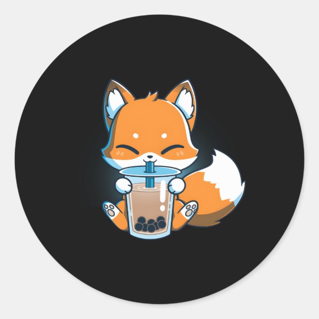 Adesivo Redondo Boba Fox Bebendo Kawaii Anime Foxy Japonês (Frente)