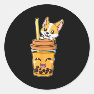 Adesivo Redondo Boba Tapioca Pérolas Bolhas Leite Tea Beber Corgi