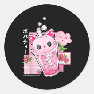 Adesivo Redondo Boba Tea Cat Bubble Tea Kawaii Anime Japonesa