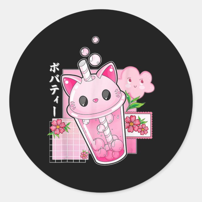 Adesivo Redondo Boba Tea Cat Bubble Tea Kawaii Anime Japonesa (Frente)