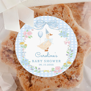 Adesivo Redondo Bobo ganso Arco azul Vinheta para Chá de fraldas f
