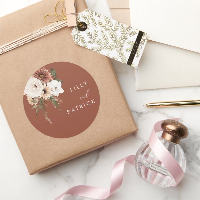 Adesivo Redondo Bohemian Floral Terracotta Wedding (Presentear)