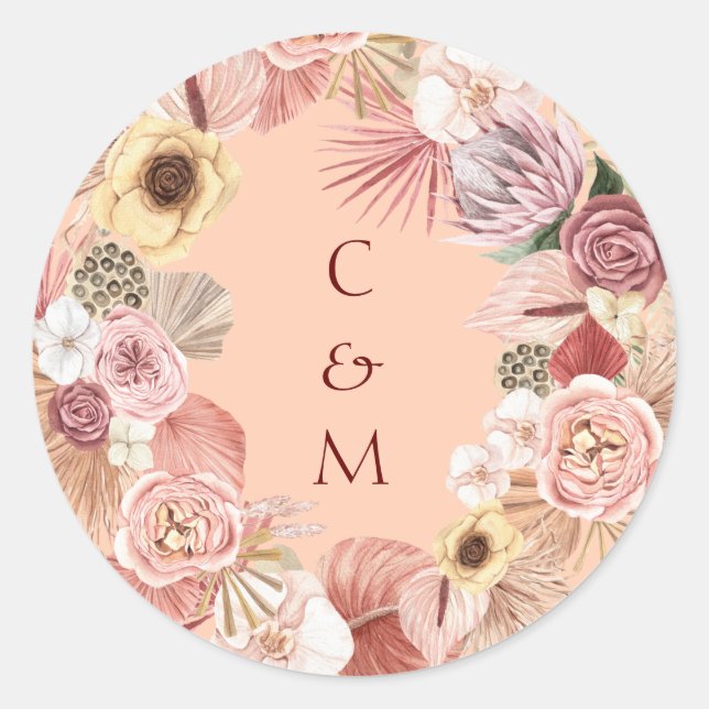 Adesivo Redondo Bohemian Floral Wreath Caramel Initials Stickers (Frente)