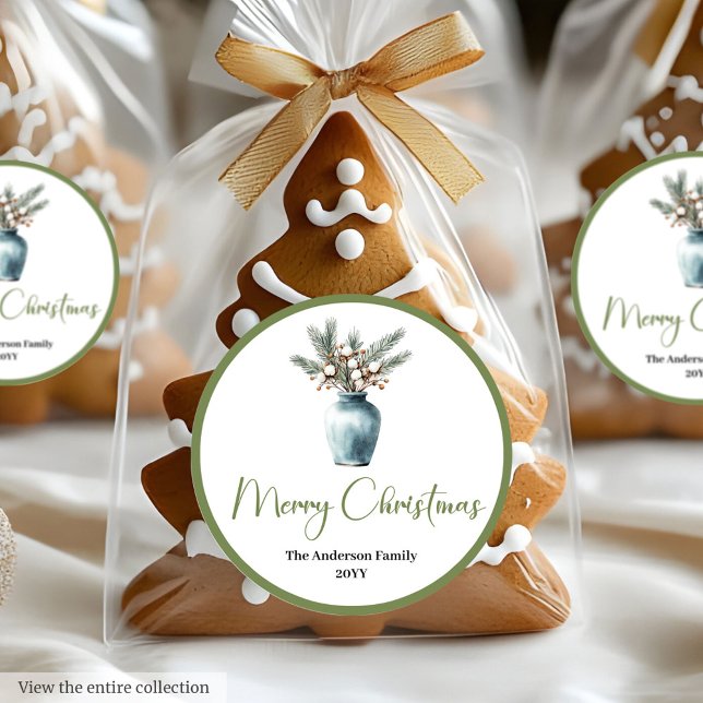 Adesivo Redondo Bohemian Modern Christmas Bouquet Watercolor Label (Bohemian Modern Christmas Bouquet Watercolor Sticker)