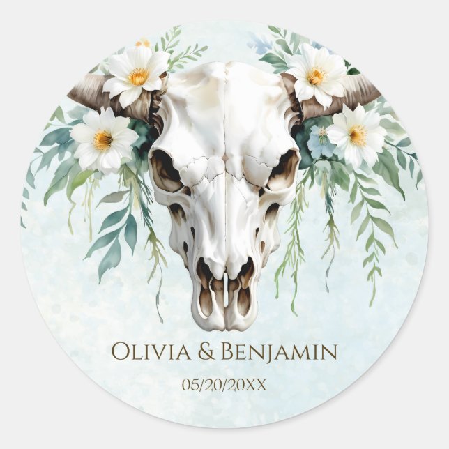 Adesivo Redondo Bohemian Watercolor Floral Cow Skull Casamento (Frente)