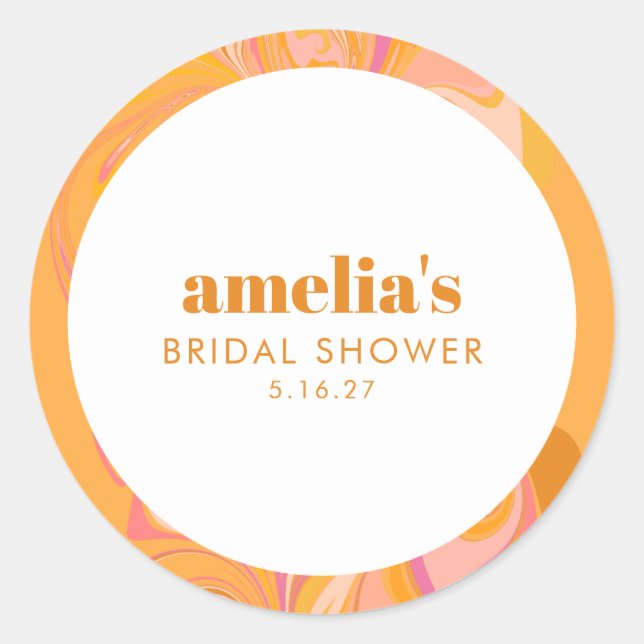 Adesivo Redondo Boho Amarelo Rosa Mármore Personalizado Nome Chá d (Frente)