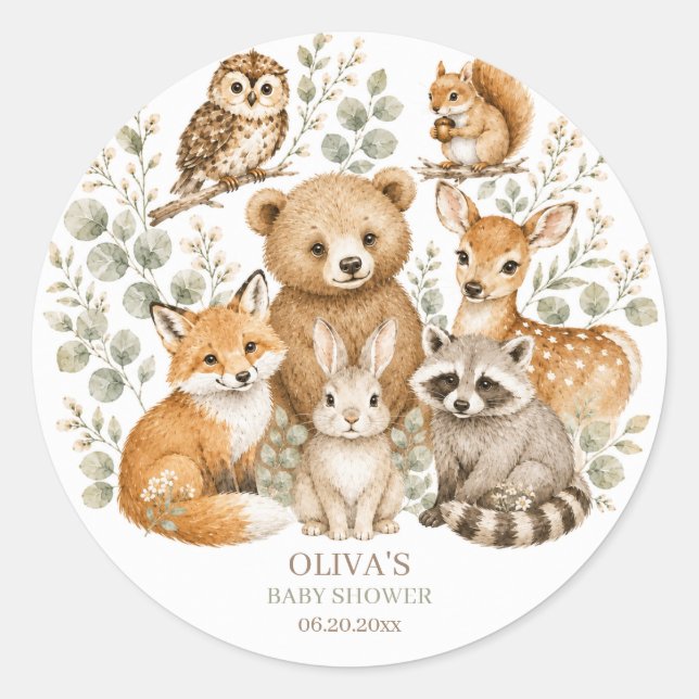 Adesivo Redondo Boho Animais da Floresta para Chá  (Frente)