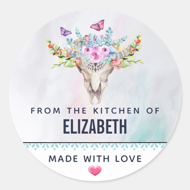 Adesivo Redondo Boho Animal Skull com Cozinha Butterflies (Frente)