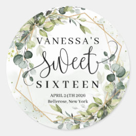 Adesivo Redondo Boho aquarela eucalipto ouro doce dezesseis