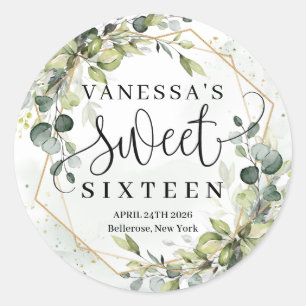 Adesivo Redondo Boho aquarela eucalipto ouro doce dezesseis