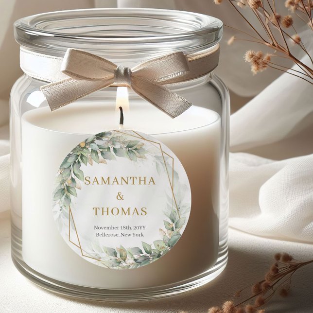 Adesivo Redondo Boho aquosa, verde eucalipto e dourado (Boho dusty green leaves gold frames wedding sticker)