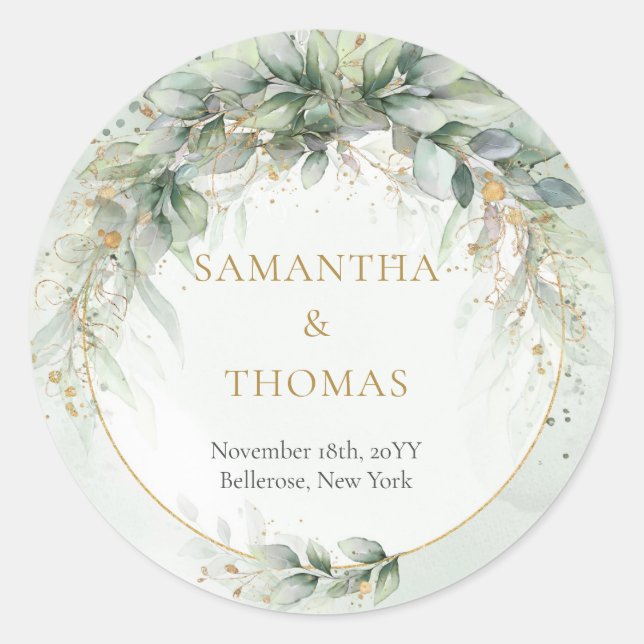 Adesivo Redondo Boho aquoso eucalipto com estrutura dourada (Frente)