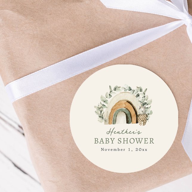 Adesivo Redondo Boho Arco-íris (Boho Rainbow Classic Round Baby Shower Sticker by Painted Paperie)