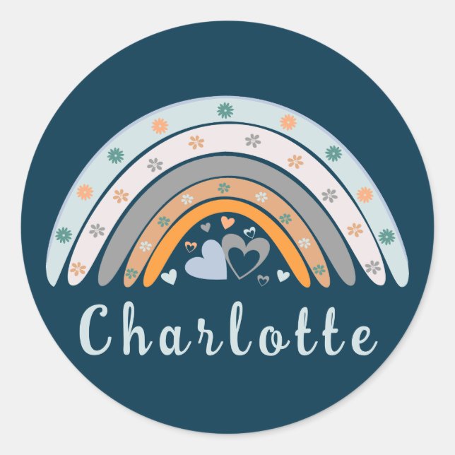 Adesivo Redondo Boho Arco-Íris com Nome Personalizado (Frente)