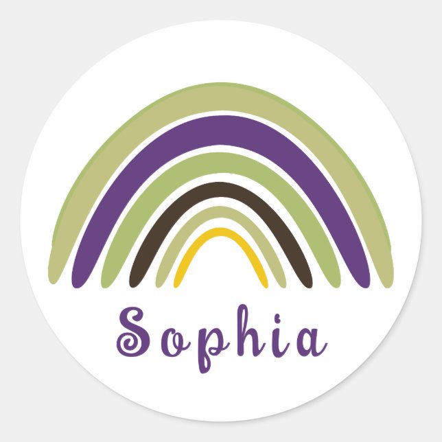 Adesivo Redondo Boho Arco-íris com Nome Personalizado em Verde (Frente)