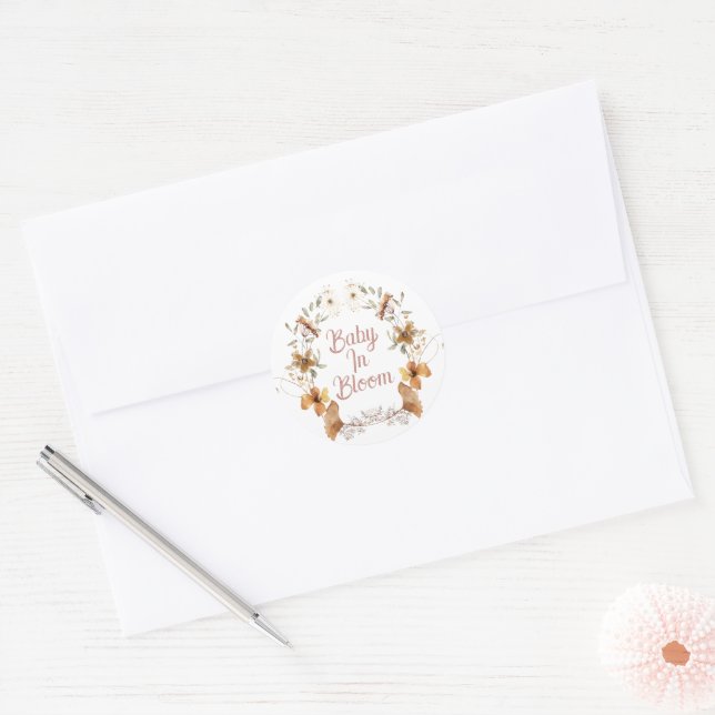 Adesivo Redondo Boho Baby In Bloom Wildflower Chá de fraldas (Envelope)