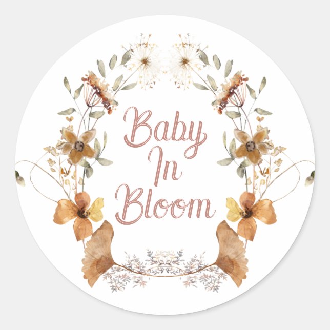 Adesivo Redondo Boho Baby In Bloom Wildflower Chá de fraldas (Frente)