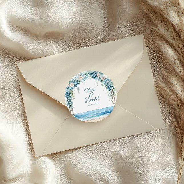 Adesivo Redondo Boho Blue Floral Arch Beach Weding (Boho Blue Floral Arch Beach Wedding Classic Round Sticker on a wedding envelope.)