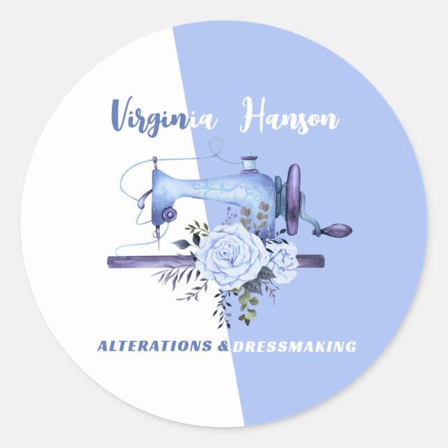 Adesivo Redondo Boho Blue Floral Seamstress Machine Tailor (Frente)