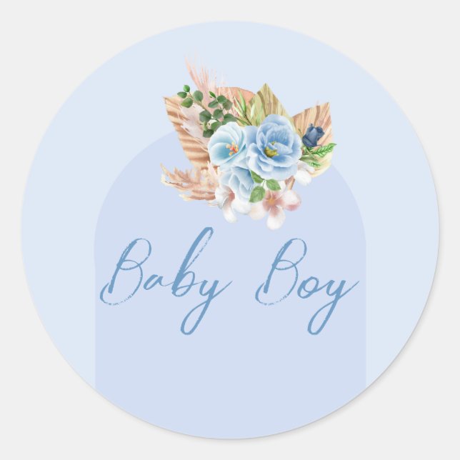 Adesivo Redondo Boho Blue Pampass Grass Floral Oh Boy Baby Shower  (Frente)