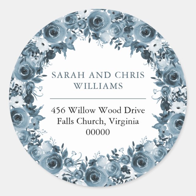 Adesivo Redondo Boho Blue Watercolor Floral Wreath Address (Frente)