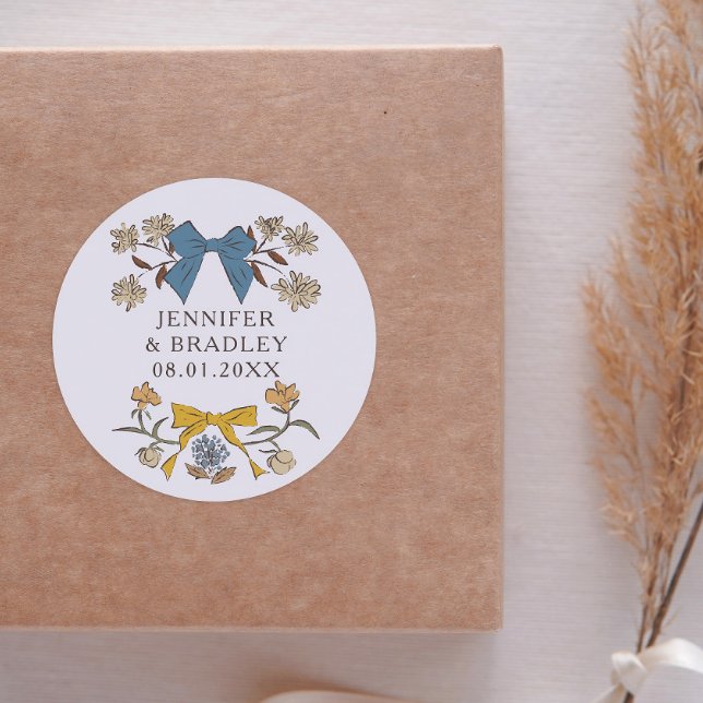 Adesivo Redondo Boho Blue Yellow Fitas Floral Weding Favor (Criador carregado)