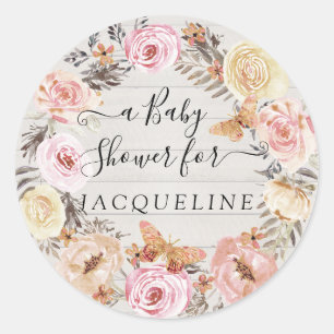 Adesivo Redondo Boho Borboleta Rosa Madeira Branca Floral