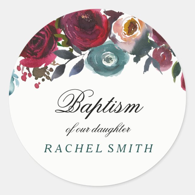 Adesivo Redondo Boho Bordo Burgundy Red Flowers Baby Girl Baptism (Frente)
