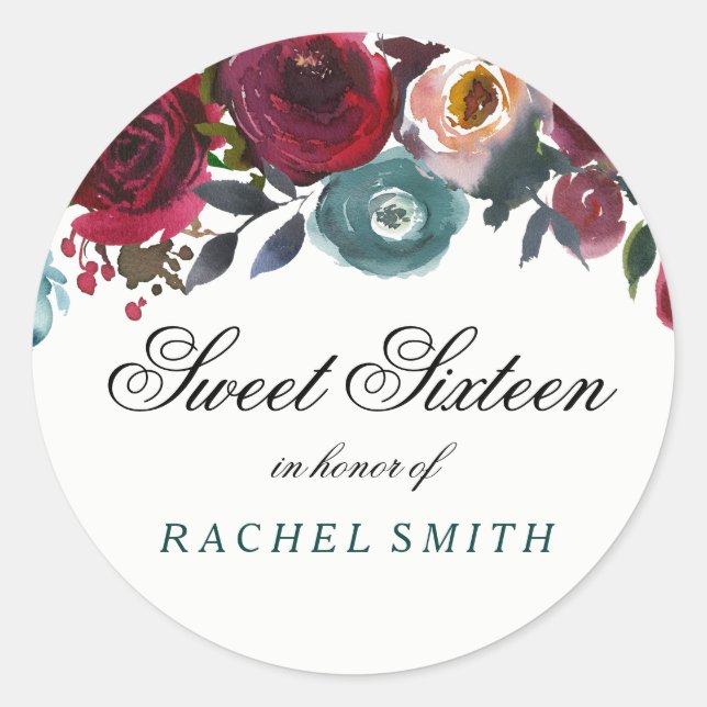 Adesivo Redondo Boho Bordo Burgundy Red Flowers Sweet 16 (Frente)