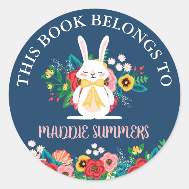 Adesivo Redondo Boho Bunny | Floral Este Livro Pertence A (Frente)