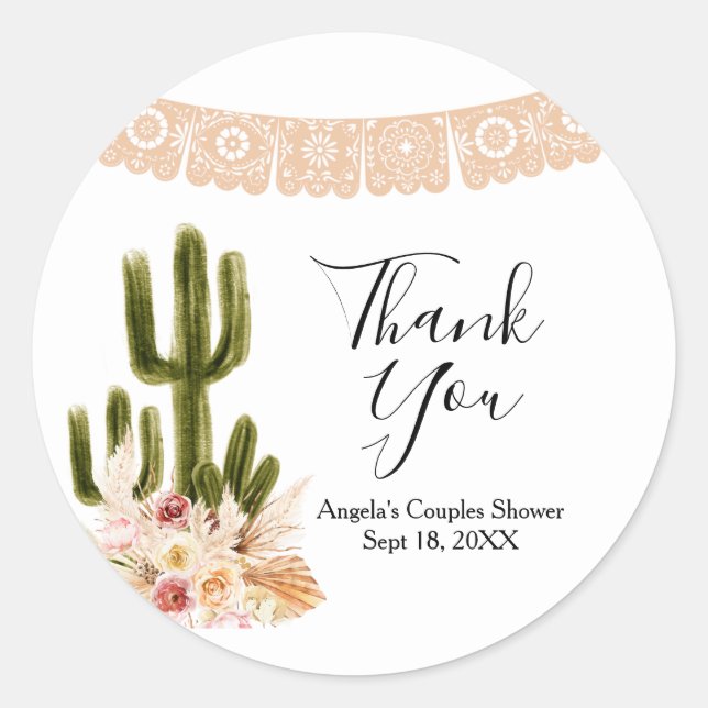 Adesivo Redondo Boho Cactus Floral Chá de panela Obrigado Sticker (Frente)