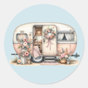 Adesivo Redondo Boho Camper com Floral Wreath & Pastels Rosa