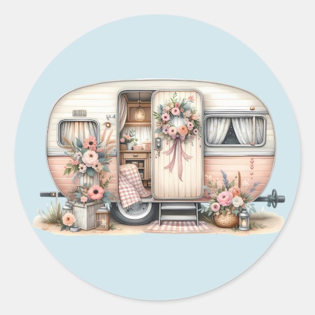 Adesivo Redondo Boho Camper com Floral Wreath & Pastels Rosa (Frente)