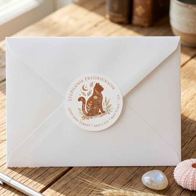 Adesivo Redondo Boho Cat Address Labels – Cat Mom Gift (Boho cat lover return address label)
