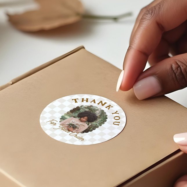 Adesivo Redondo Boho Checkerboard Patternos Obrigado pelo seu pedi (Boho Checkerboard Pattern Thank You For Your Order Classic Round Sticker)