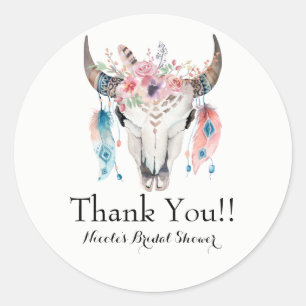 Adesivo Redondo Boho Chic Bohemian Feather & Cow Skull Party