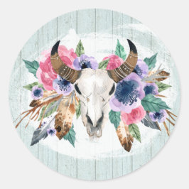 Adesivo Redondo Boho Chic Cow Skull Watercolor Floral Russo Madeir