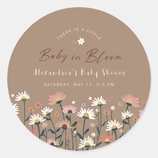 Adesivo Redondo Boho Chic Daisy Baby in Bloom Shower Sticker (Frente)
