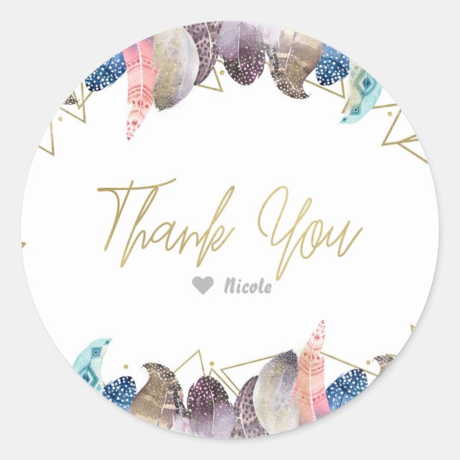 Adesivo Redondo Boho Chic Feather Rustic Glam & Dourado Partido Fa (Frente)