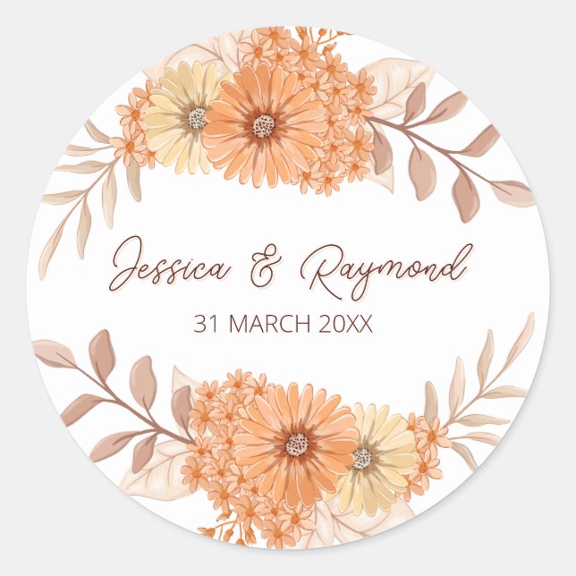 Adesivo Redondo Boho Chic Orange Floral Wedding (Frente)