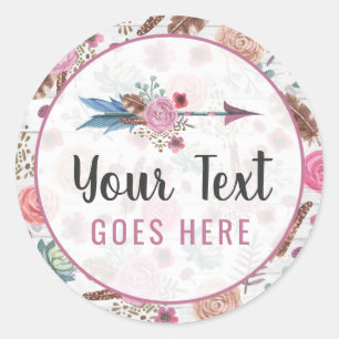 Adesivo Redondo Boho Chic Rustic Feather Arrow Watercolor Bohemian