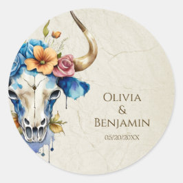 Adesivo Redondo Boho Chic Watercolor Vaca Floral Casamento Crânio