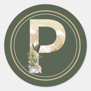 Adesivo Redondo Boho Christmas Monograma P com Greenery